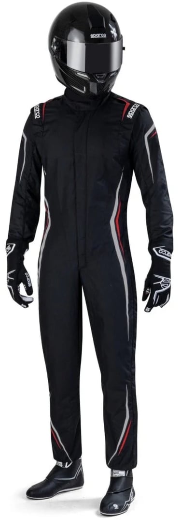 Professional Sparco black racing suit with matching helmet, gloves, and boots for motorsports.