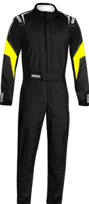 Black Sparco racing suit with yellow sleeve accents and white logo detailing for professional drivers.