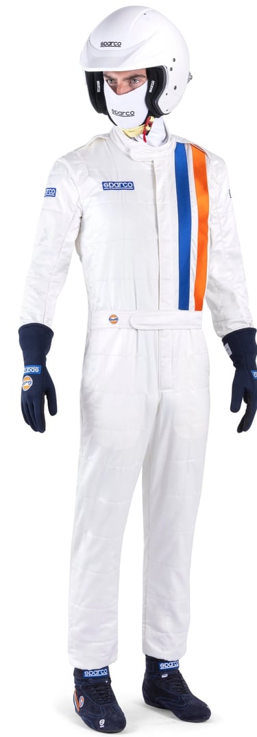 Professional driver wearing a white Sparco racing suit with Gulf stripes, helmet, and safety gear.