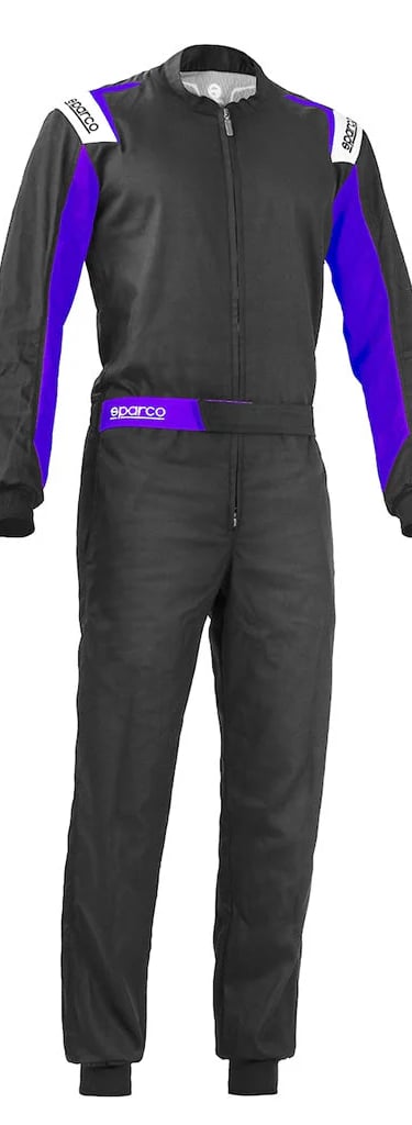 Black and purple Sparco racing suit for professional driver safety and performance.