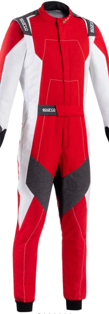 Red and white Sparco fireproof racing suit for professional motorsport drivers.