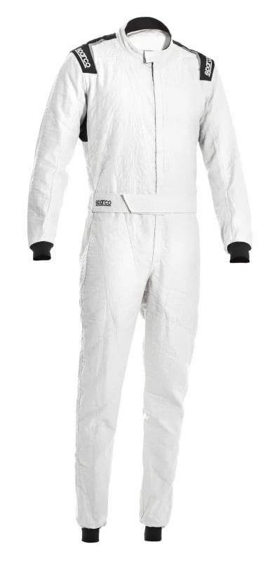 White Sparco racing suit with black cuffs and shoulder logos for professional motorsport drivers.