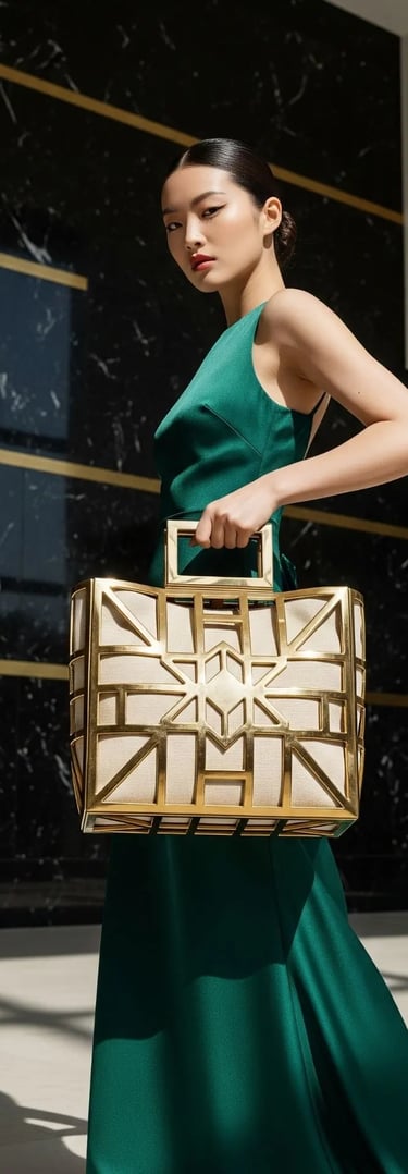 Model wanita bergaun hijau dengan The "Aura" Clutch Tote ala SIGNIFO.