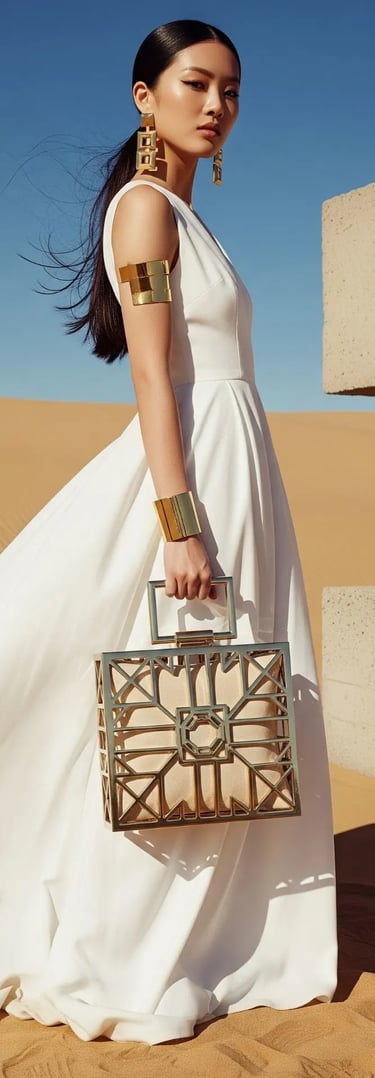 Model wanita bergaun putih dengan The "Aura" Clutch Tote ala SIGNIFO.