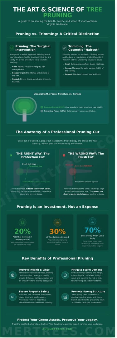 Infographic explaining what tree pruning is with a homeowner’s guide for Falls Church, VA.