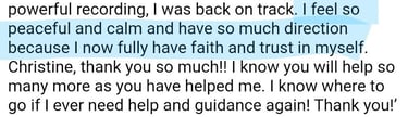 Client testimonial describing gaining full faith and trust in herself and a clear sense of direction