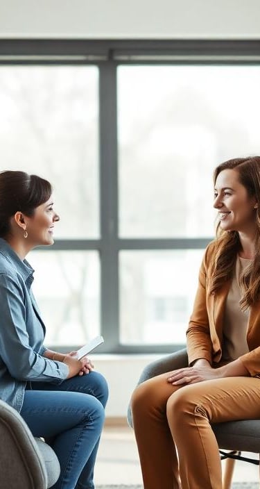 A professional female psychiatrist in a tan suit talks with a smiling client in a bright office.