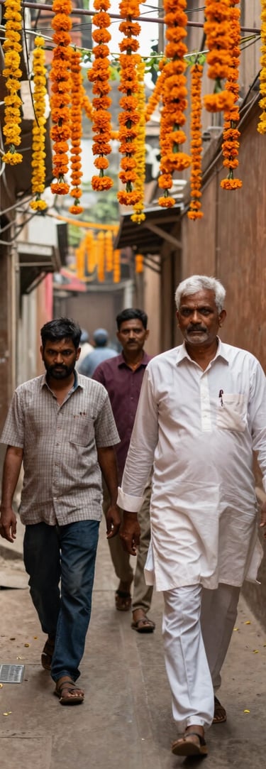 Documentary-style shot inside a narrow Varanasi street, a local guide walking ahead of two visitors through a lane flanked by old ochre walls and hanging marigolds, natural diffused daylight, environmental depth