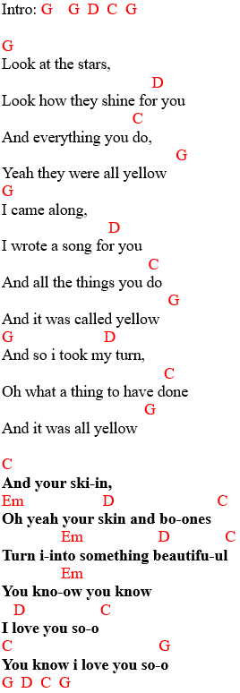 Coldplay - Yellow, chords and lyrics