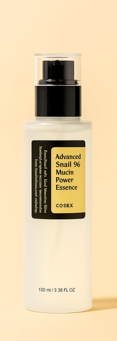 COSRX snail mucin essence skincare bottle on yellow background