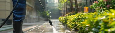 A man in uniform power washes a luxury business area around lush green plants and trees