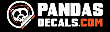 Pandas Decals logo featuring a peeling panda sticker and bold white and orange typography on a black background.