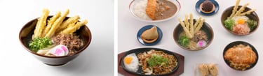 肉ごぼ天うどんをはじめ、資さんうどんの人気メニューや丼、カレーなどの料理が並ぶ写真|堺市のニュースならサカイタイムズ