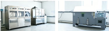 Industrial waterflow,lifecycle test equipment and salt spray test chambers in a laboratory facility.