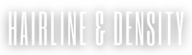 Hairline and Density text in white tall sans-serif font on a black background for hair restoration.