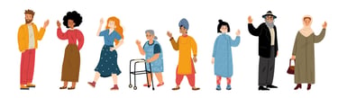 Diverse group of multicultural people waving hello, showcasing community and social inclusion.