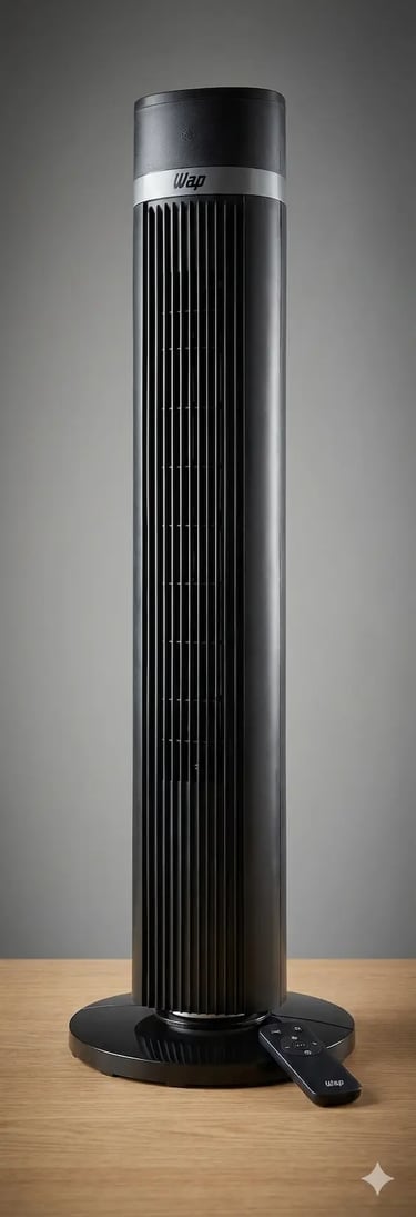 Sleek black Wap vertical tower fan with remote control on a wooden surface for home cooling.