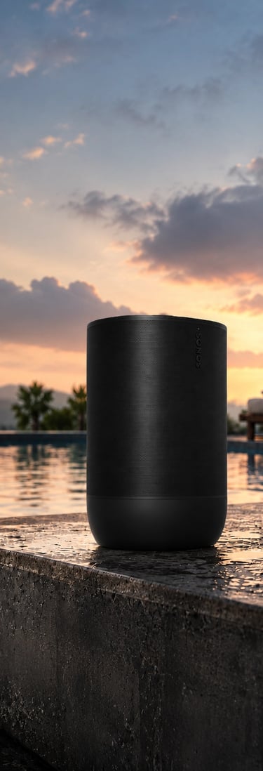 Enceinte Sonos Move 2 noire au bord d'une piscine de luxe.