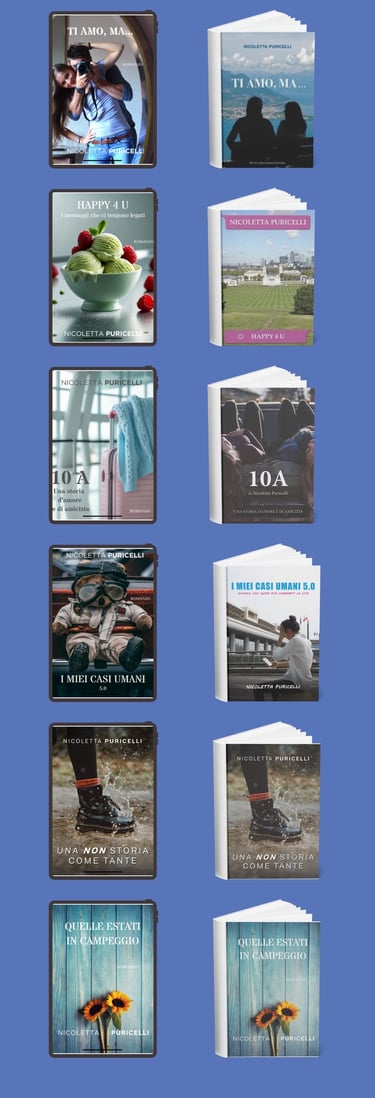 CCopertine dei 6 romanzi di Nicoletta, divise per libro con la versione digitale e quella cartacea