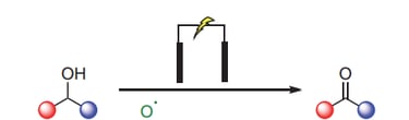 Chemical reaction diagram showing electrochemical oxidation of an alcohol to a carbonyl group.