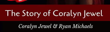 Coralyn Jewel's book cover looking out a window holding ice skates & wearing red satin dress .