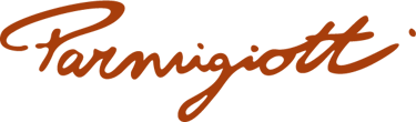 Brown cursive Parmigiotti brand logo signature isolated on a solid black background.