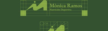 Mònica Ramos Nutrición Deportiva logo design grid showing branding typography and geometric icon construction.
