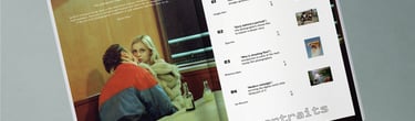Open spread of Spiral film photography magazine showing a table of contents and portrait of a couple.