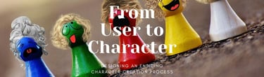 five different game figurines with funny faces and wigs to symbolize a character development process