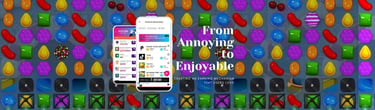 candycrush background with a screenshot of two app screens that show the evolvement of a gaming app