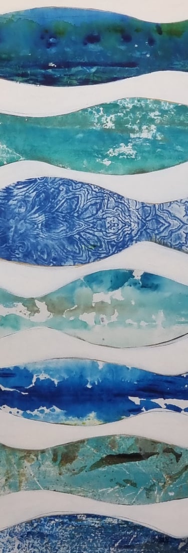 exemple de création sur grand panneau représentant des poissons bleus