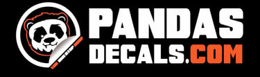 Pandas Decals logo featuring a peeling panda sticker and bold white and orange typography on a black background.