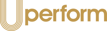 Uperform logo in gold typography on a black background for digital learning and training software.