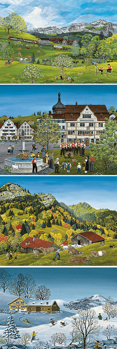 a series of four pictures of a landscape with a lake and a mountain in the