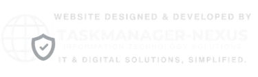 TaskManager-Nexus logo for website design and IT digital solutions featuring a globe and shield icon.