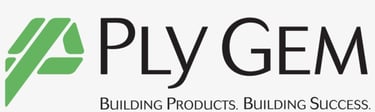 Ply Gem logo with green abstract icon and building products slogan.