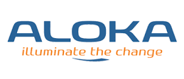 Aloka company logo in blue text with the orange tagline illuminate the change