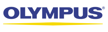 Olympus logo featuring blue bold text above a thin yellow underline on a black background.