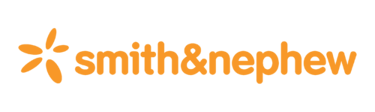 Official Smith & Nephew medical technology logo with orange text and starburst icon on black background.