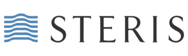 Steris company logo featuring black serif text and a blue wavy lines icon on a black background.