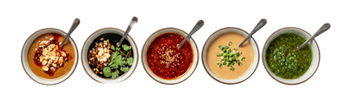 Row of five various dipping sauces in white bowls, including sesame, soy, chili oil, and fresh herbs.