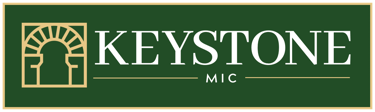 Keystone MIC logo with white serif text and gold arch icon on a forest green background.