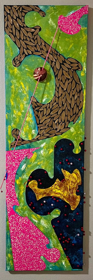 Abstract mixed media painting with textured gold, pink patterns, and a green background.