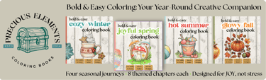 Seasonal bold and easy coloring books for stress relief featuring winter, spring, summer, and fall designs.