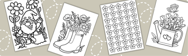 Spring garden coloring pages featuring a garden gnome, flowers in rain boots, and a watering can.