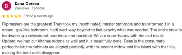 A 5-star Google review for Flipmasters praising their bathroom and kitchen remodeling services.