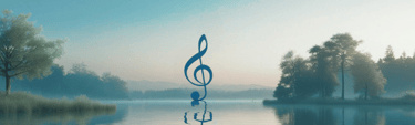 AI-generated image of a lake, trees, and a musical note, representing soothing music and nature.