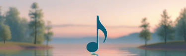 AI-generated image of a lake, trees, and a musical note, representing soothing music and nature.