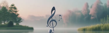 AI-generated image of a lake, trees, and a musical note, representing soothing music and nature.