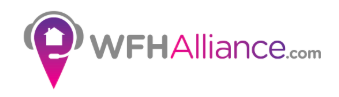 WFHAlliance.com logo featuring a purple map pin icon with a house and headset for remote work.